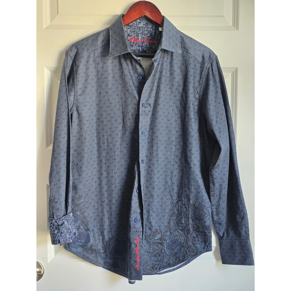 Robert Graham Mens Classic Fit Blue Arrow Print Floral Embroidered Shirt M